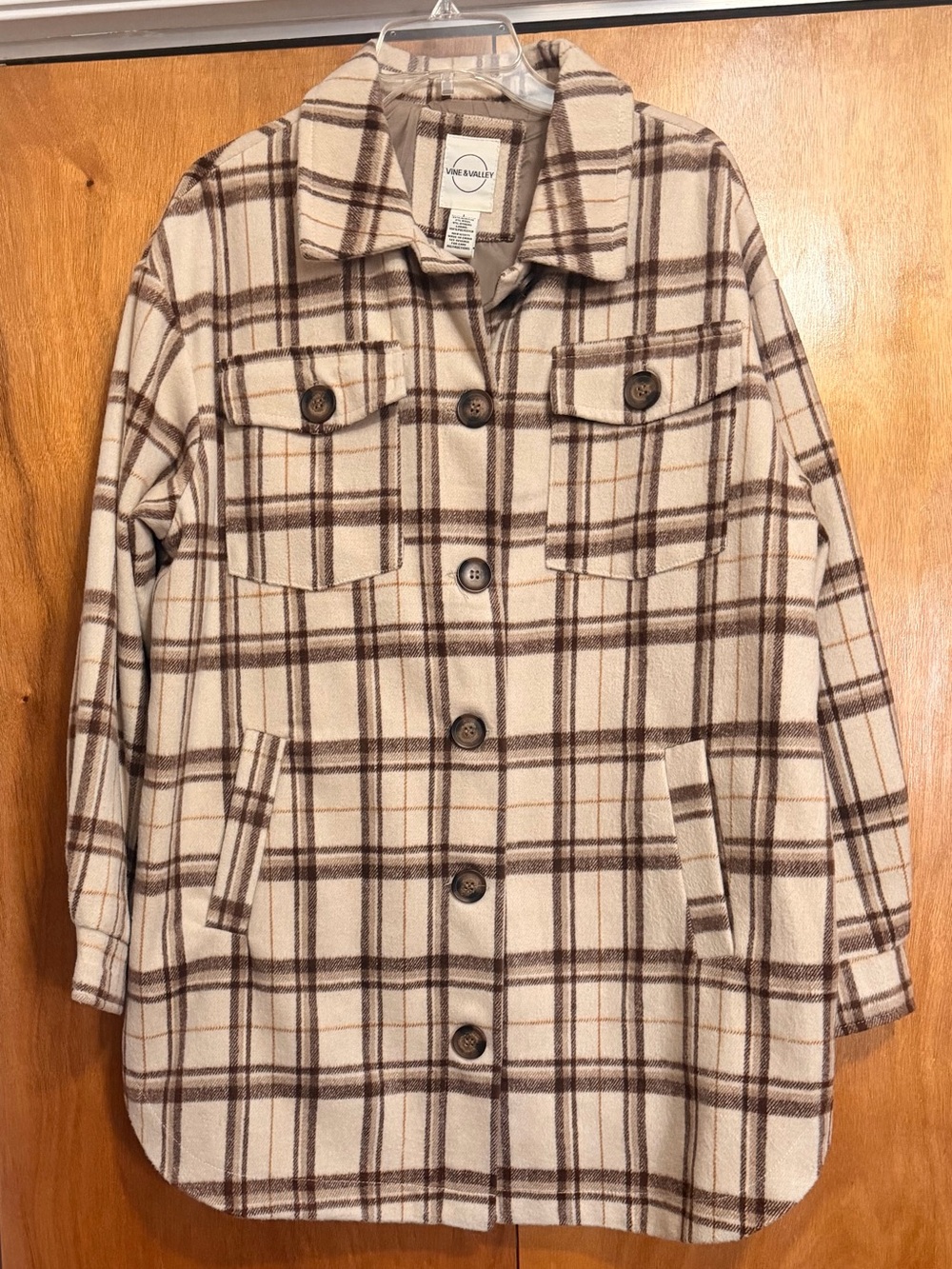 Plaid Utility Button-Front Shacket in Cream and Brown